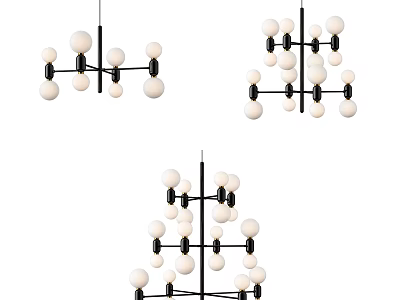 Modern Chandelier Design With Multiple White Spheres And Black Metal Frames 3d model