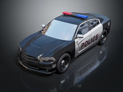 Black And White Police Car With Red Blue Lights And Law Enforcement Design 3d model