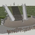 Outdoor Playground Equipment Featuring Double Slides Tire Stairs Grass Area and Wooden Fence