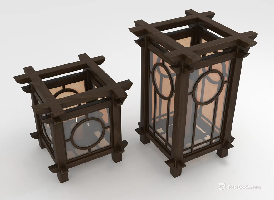 Chinese Style Wooden Lantern Furniture With Glass Panels And Circular Design In Two Sizes 3d model 