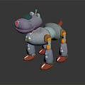 Futuristic Silver Metallic Robot Dog 3D Model with Blue Red Details Yellow Joints