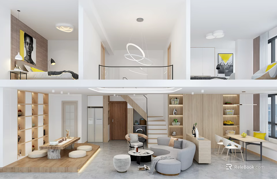 Modern Light Luxury Open Living and Dining Room with Wood Furniture Sofa Table Pendant Light and Bookshelves 3d model 