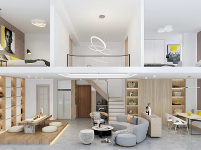 Modern Light Luxury Open Living and Dining Room with Wood Furniture Sofa Table Pendant Light and Bookshelves 3d model