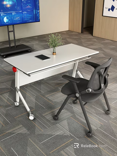 White Wheeled Conference Table With Notebook Vase Green Plant And Black Office Chair 3d model 