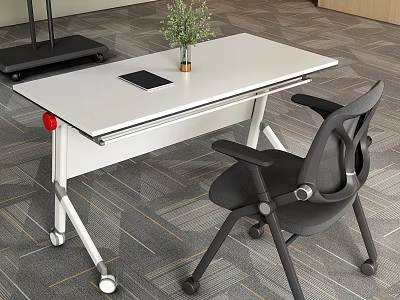 White Wheeled Conference Table With Notebook Vase Green Plant And Black Office Chair 3d model