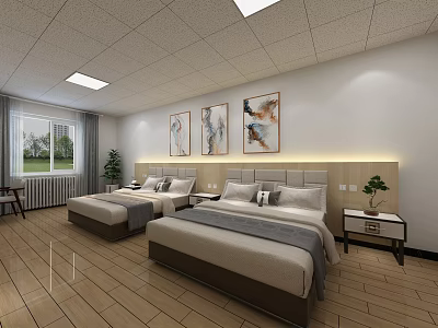 Modern Hotel Guest Room with Twin Beds Decorative Paintings Wooden Flooring and Window Curtains 3d model