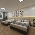 Modern Hotel Guest Room with Twin Beds Decorative Paintings Wooden Flooring and Window Curtains