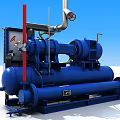 Blue Industrial Equipment Compressor Unit With Pipes Control Panel And Valve Handle