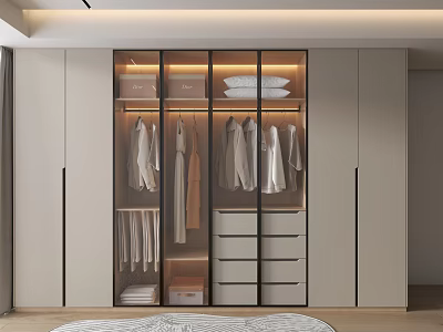 Modern Walk in Closet Interior Design With Glass Doors Hanging Clothes And Drawers 3d model