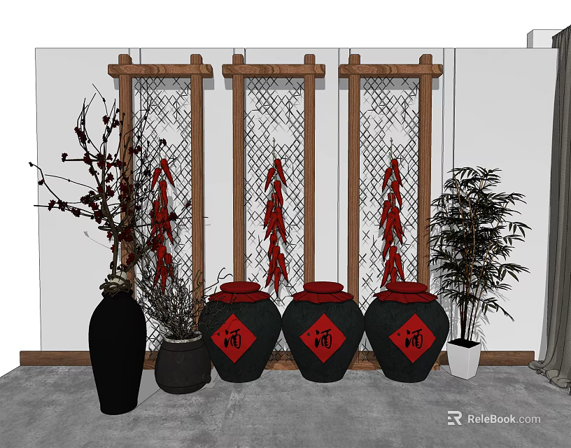 Traditional Chinese Garden Decor With Wooden Lattice Screens Red Chili Strings And Fu Character Jars 3d model 