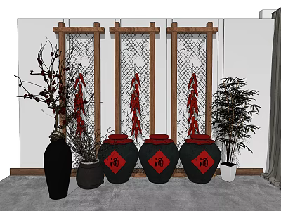 Traditional Chinese Garden Decor With Wooden Lattice Screens Red Chili Strings And Fu Character Jars 3d model