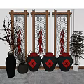 Traditional Chinese Garden Decor With Wooden Lattice Screens Red Chili Strings And Fu Character Jars