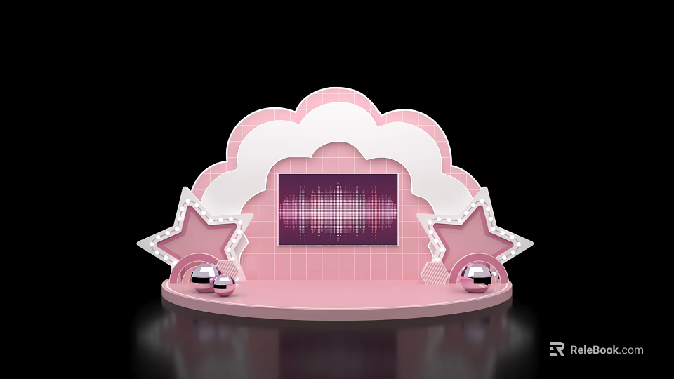 Pink Cloud Shaped Stage With Central Screen Waveform Display And Side Star Decorations Silver Spheres 3d model