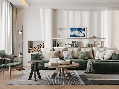 Modern Living Room Interior With Green Sofa Multiple Pillows Round Coffee Table And Fireplace 3d model