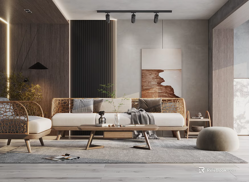 Modern Living Room Interior With Sofa Coffee Table Rug Decorative Painting And Rattan Chairs 3d model 