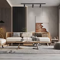 Modern Living Room Interior With Sofa Coffee Table Rug Decorative Painting And Rattan Chairs