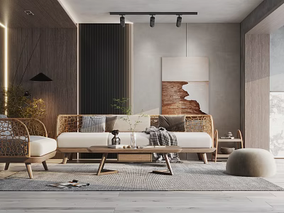 Modern Living Room Interior With Sofa Coffee Table Rug Decorative Painting And Rattan Chairs 3d model