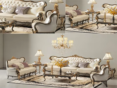 Elegant Classic Sofa Coffee Table Set With Carved Details Gold Accents Throw Pillows Table Lamps 3d model