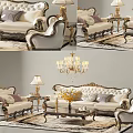 Elegant Classic Sofa Coffee Table Set With Carved Details Gold Accents Throw Pillows Table Lamps