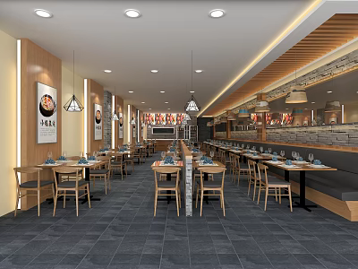 Modern Restaurant Interior With Wooden Tables Chairs Hanging Lights And Gray Tile Flooring 3d model