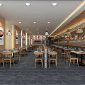 Modern Restaurant Interior With Wooden Tables Chairs Hanging Lights And Gray Tile Flooring