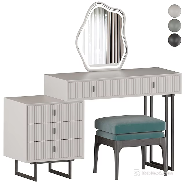Modern Light Colored Vanity Table With Decorative Mirror And Green Stool 3d model 