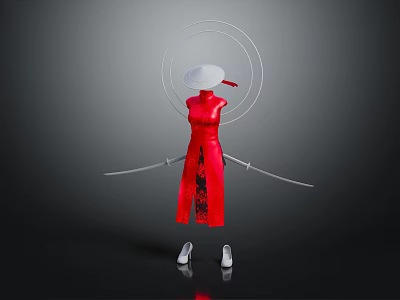 Mythical Character In Red Qipao With White Hat Circular Rings Swords And Magical Creature 3d model