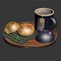 Fresh Buns with Favorite Tea Cup and Cartoon Bear Lid on Wooden Tray Checkered Cloth