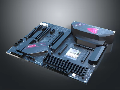 High Performance Gaming Motherboard with CPU Socket RAM Slots Heat Sink and RGB Lighting 3d model