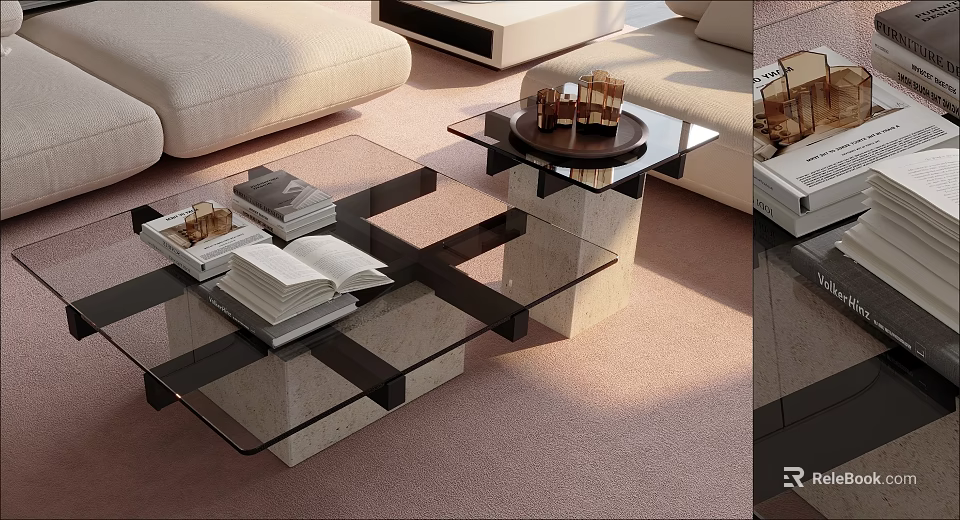 Modern Glass Coffee Table With Cross Design And Decorative Items On Light Living Room Carpet 3d model 