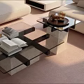 Modern Glass Coffee Table With Cross Design And Decorative Items On Light Living Room Carpet