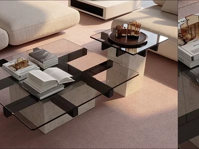 Modern Glass Coffee Table With Cross Design And Decorative Items On Light Living Room Carpet 3d model