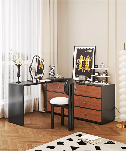 Modern Vanity Table Interior Design With Black Wooden Drawers Mirror Chair And Decorative Items 3d model 