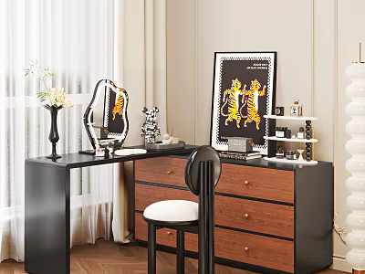 Modern Vanity Table Interior Design With Black Wooden Drawers Mirror Chair And Decorative Items 3d model