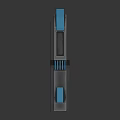 Modern Metallic Architectural Tower Featuring Blue Accents Layered Structure And Geometric Design