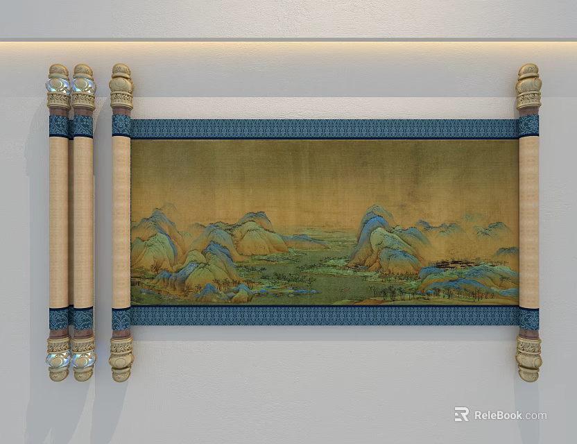Art Magazine Featuring Traditional Chinese Landscape Painting On Wooden Scroll With Blue Border 3d model 