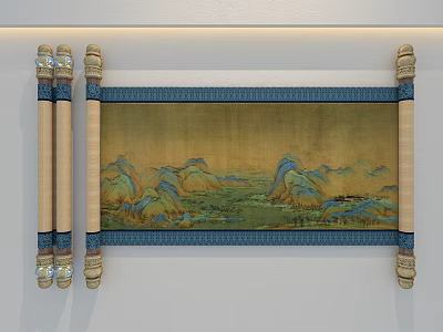 Art Magazine Featuring Traditional Chinese Landscape Painting On Wooden Scroll With Blue Border 3d model