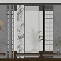 Modern Room Partition With Lattice Marble Texture Glass Design And Decorative Shelves Green Plants