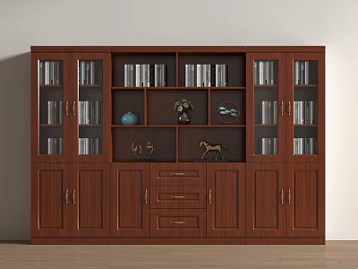 Solid Wood Storage Bookcase With Glass Doors Drawers And Decorative Accents 3d model