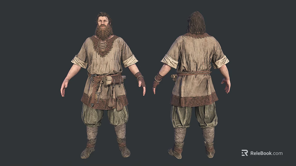 Medieval Man In Traditional Belted Tunic With Baggy Pants And Leather Boots Front Back View 3d model 