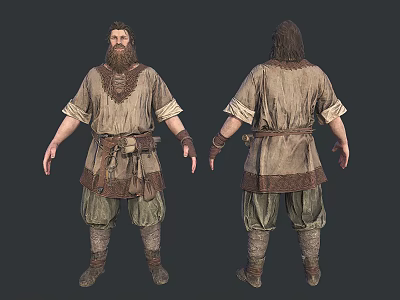 Medieval Man In Traditional Belted Tunic With Baggy Pants And Leather Boots Front Back View 3d model