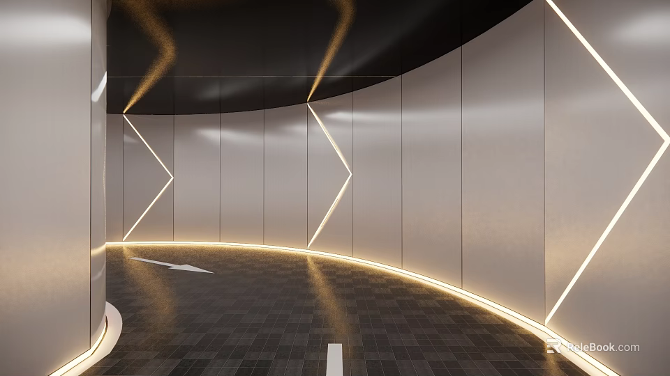 Modern Garage Interior Design With Circular Floor Illuminated Lines And Metal Walls 3d model 
