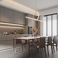 Modern Restaurant Interior With Dining Table Chairs Pendant Lighting And Cabinets 3d model