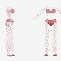 Pink Floral Pattern Women's Mesh Long Sleeve Top And Pants Outfit