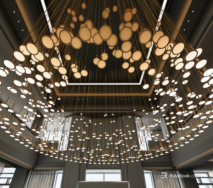Modern Luxurious Chandelier Composed Of Circular Lights Suspended By Metal Rods From Ceiling 3d model 