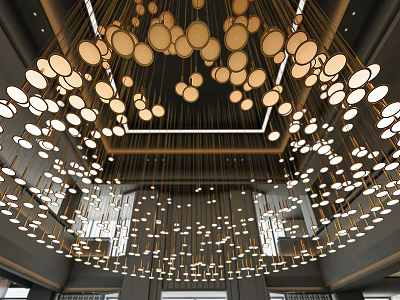 Modern Luxurious Chandelier Composed Of Circular Lights Suspended By Metal Rods From Ceiling 3d model