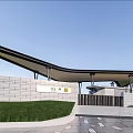 Modern Entrance Gate With Curved Canopy Metal Columns Grass And Paved Area