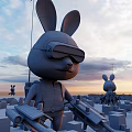 Rabbit Dolls Wearing Blue Glowing Goggles Green Outfits With Backpacks Holding Weapons In City Background