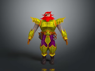 Detailed 3D Fantasy Warrior Character With Red Beard Golden Armor And Purple Pants 3d model
