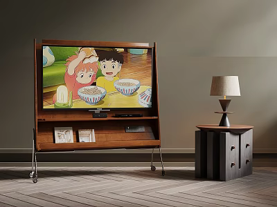 Wooden TV Stand With Screen Showing Children Eating And Side Table Lamp 3d model